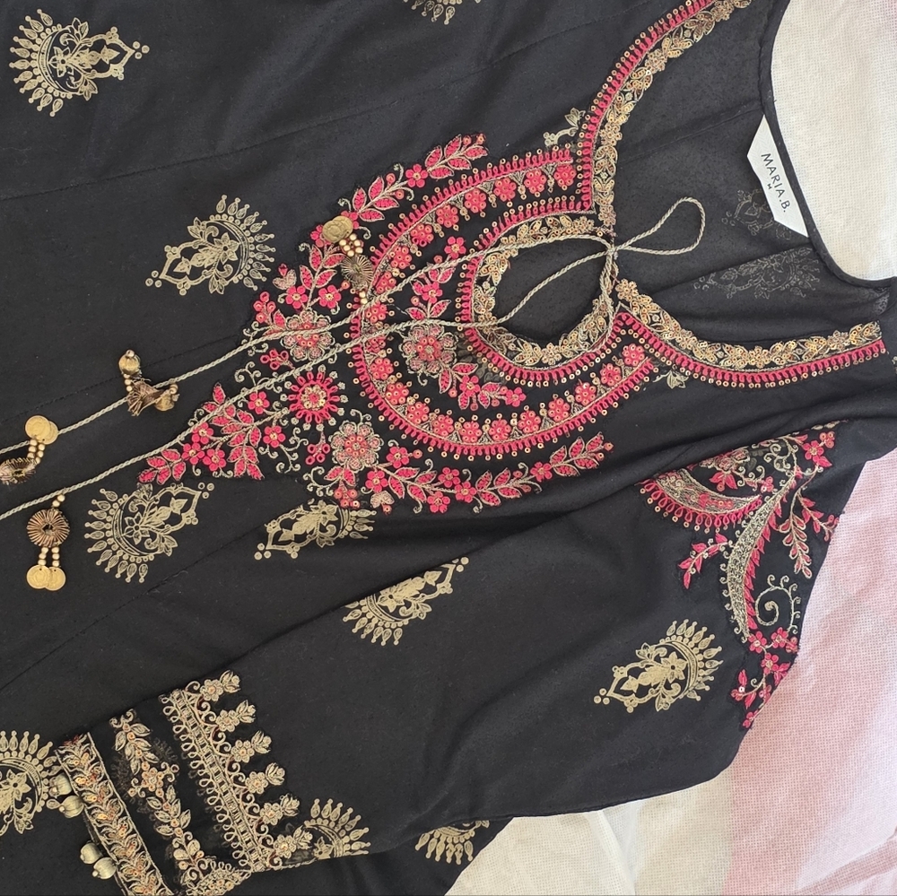 Maria B - Black and Red Embroidered Dress With Net Duppata - Festive Wear - Picture 7 of 8